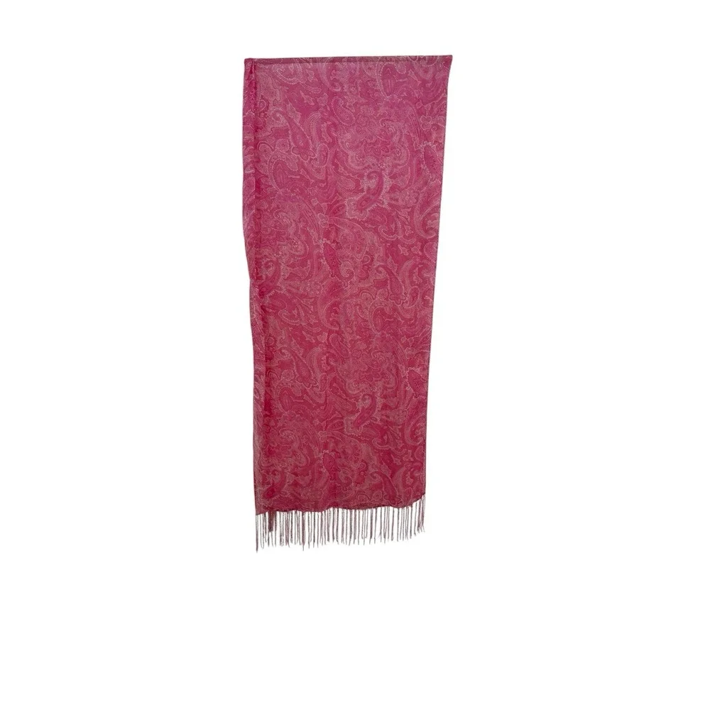 Vtg Pink Sheer Scarf Paisley Beaded Fringe 70